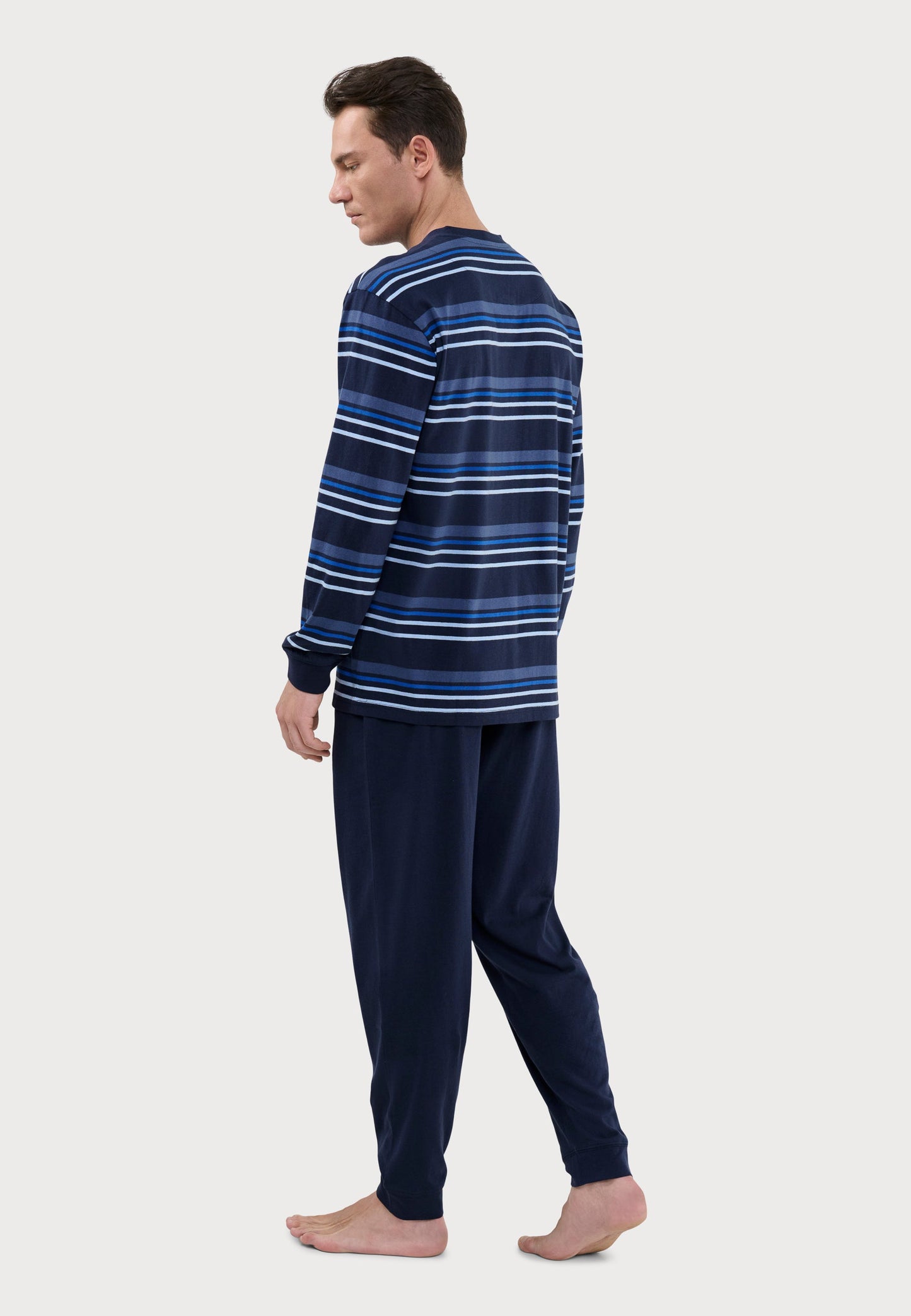 Pijama de hombre azul marino con rayas, de algodón suave, estilo casual, pantalón largo.
