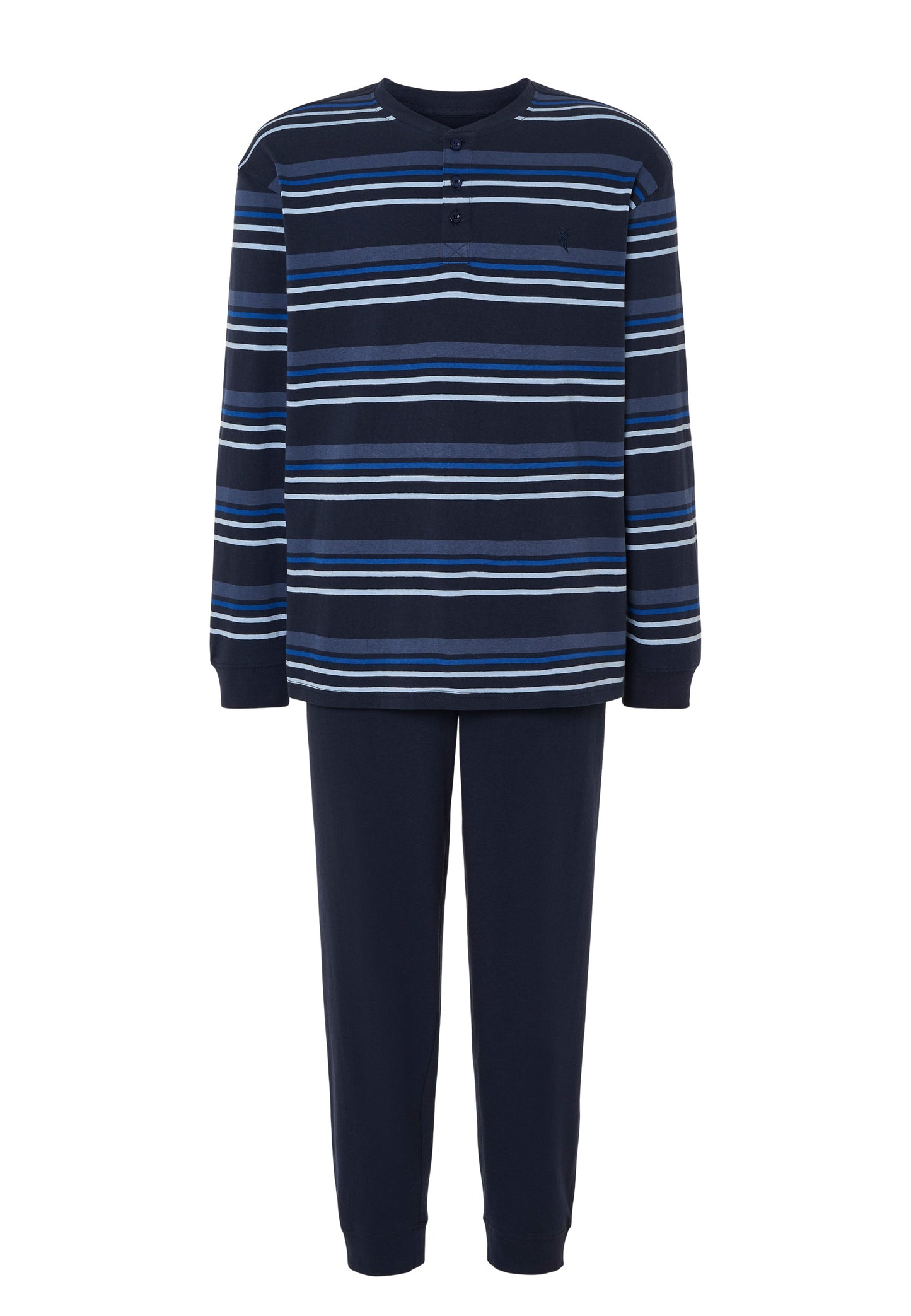 Pijama de rayas azul marino y celeste, de algodón suave, estilo clásico con botones. Ideal para comodidad nocturna.