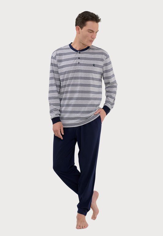 Pijama para hombre de algodón, rayas grises y azul marino, estilo clásico, cómodo y elegante.