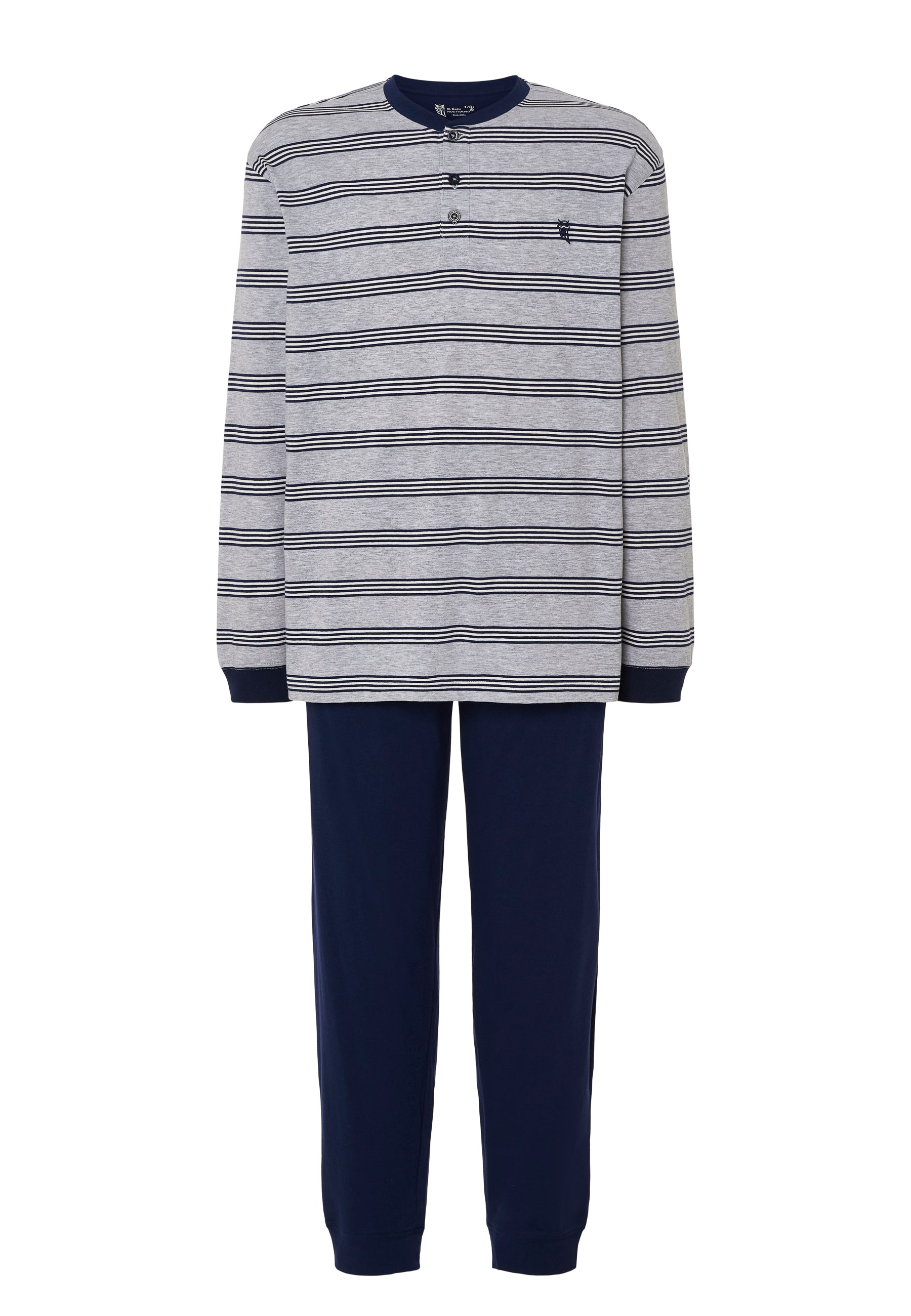 Pijama de hombre gris con rayas navy, de algodón suave y cómodo, ideal para descanso en casa.