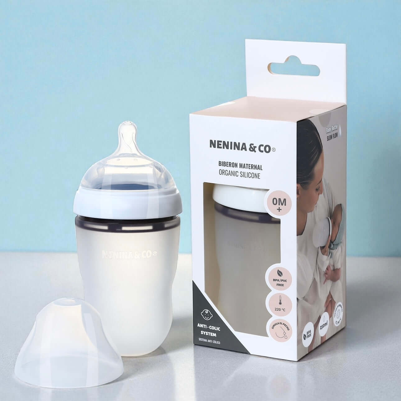 Pack Biberon Blanco flujo lento + Chupete Clásico Oliva Nenina & Co