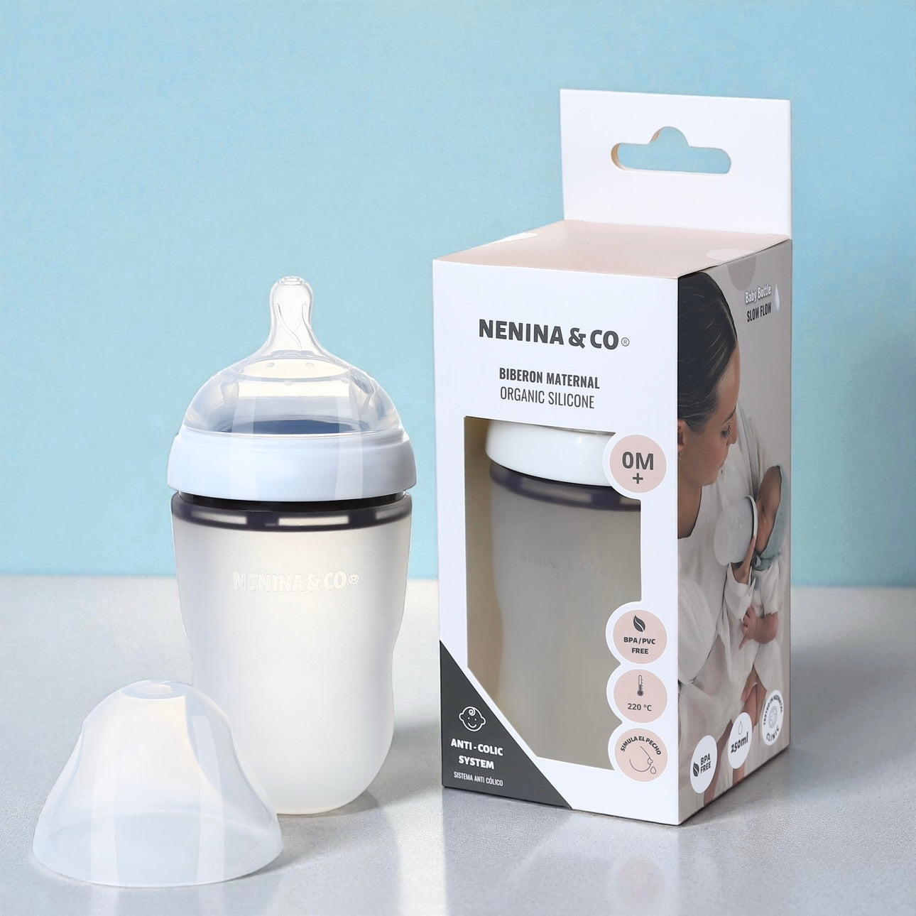 Pack Biberon Blanco flujo lento + Chupete Clásico + 2 Chupeteros de algodon orgánico Nenina & Co