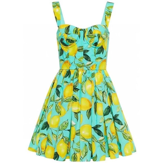 Aqua lemon-print sundress with adjustable straps and a flared skirt, perfect for summer outings.