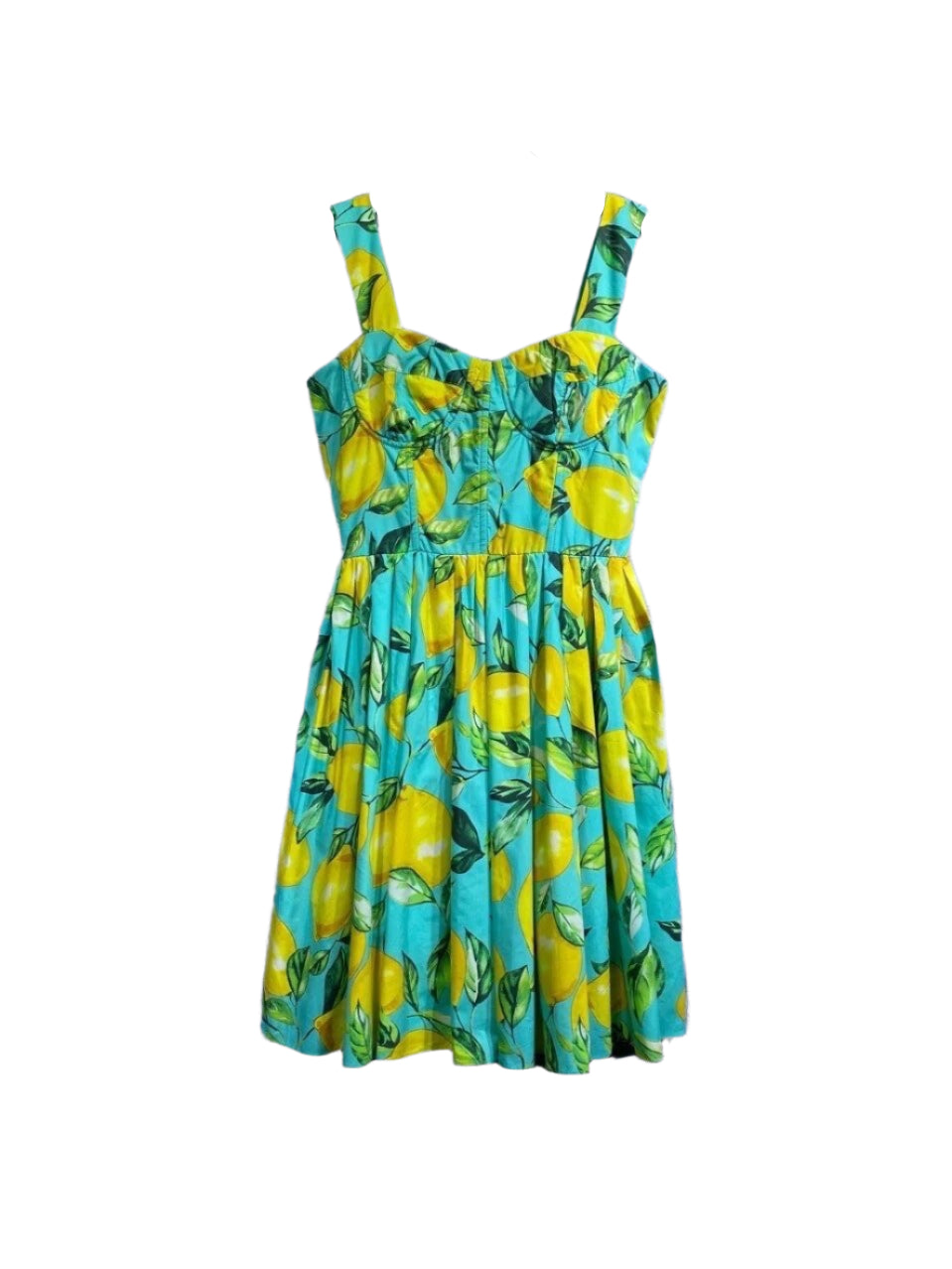 Yellow lemon print dress with blue background, cotton material, and a fitted bodice with adjustable straps. Perfect for summer.
