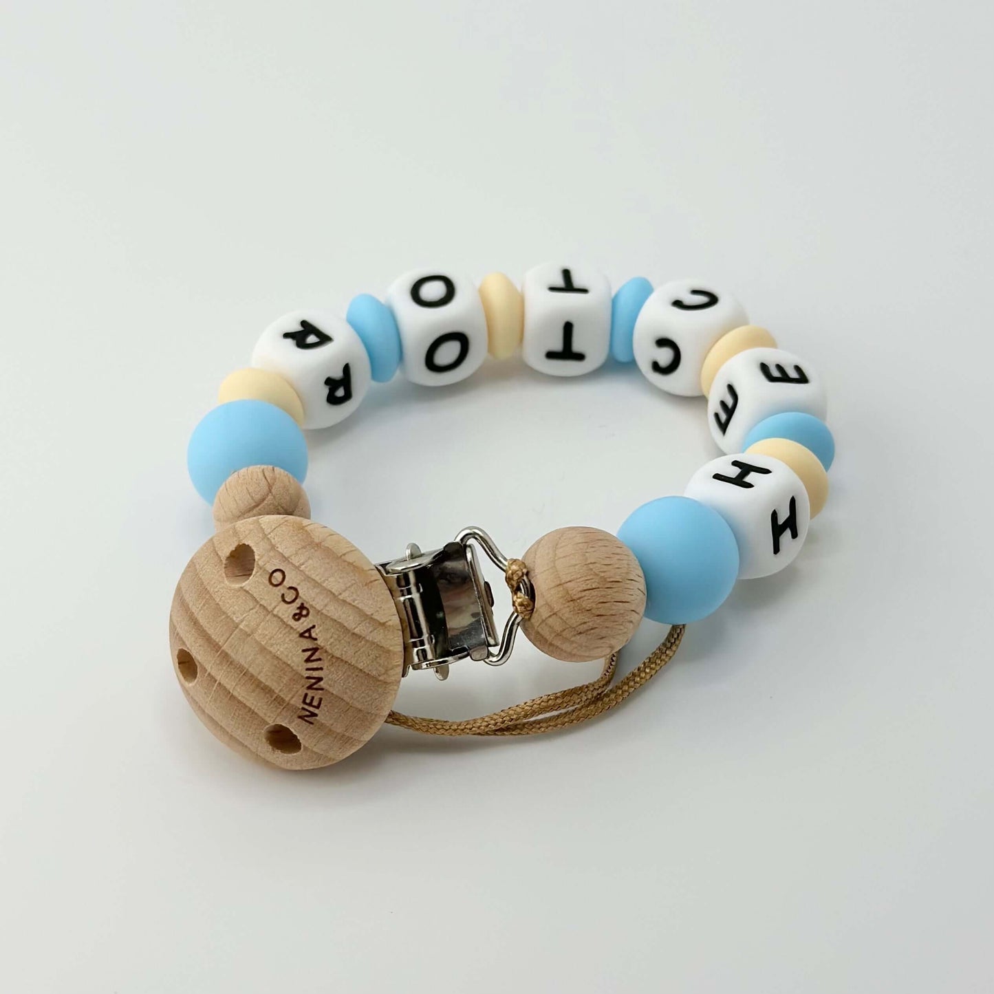 Kit Chupete Clásico Celeste  de Silicona + Chupetero con Nombre | Nenina & Co.