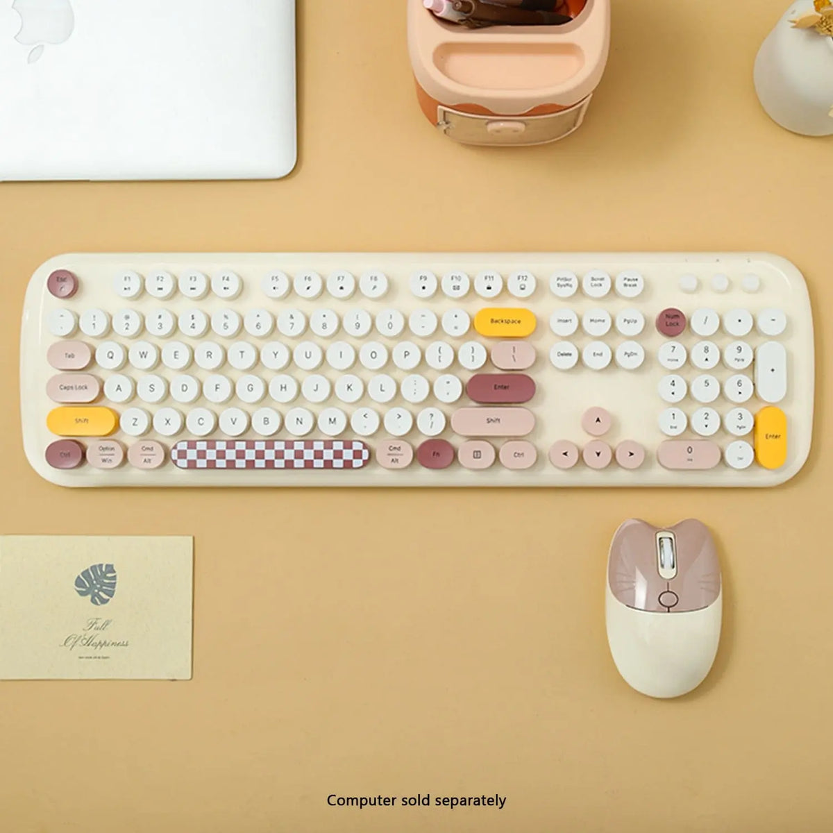 Wireless keyboard with multi-colored round keys, a checkerboard spacebar, and a matching cat-ear shaped silent mouse.