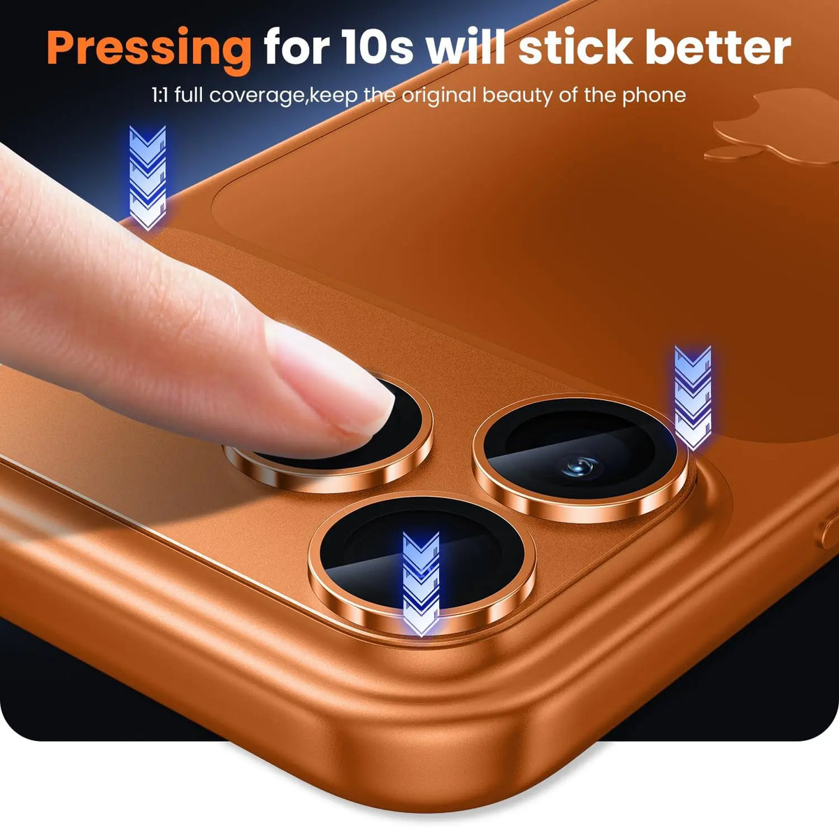 Finger pressing onto metallic bronze titanium camera lens protectors on a matching bronze smartphone back panel.