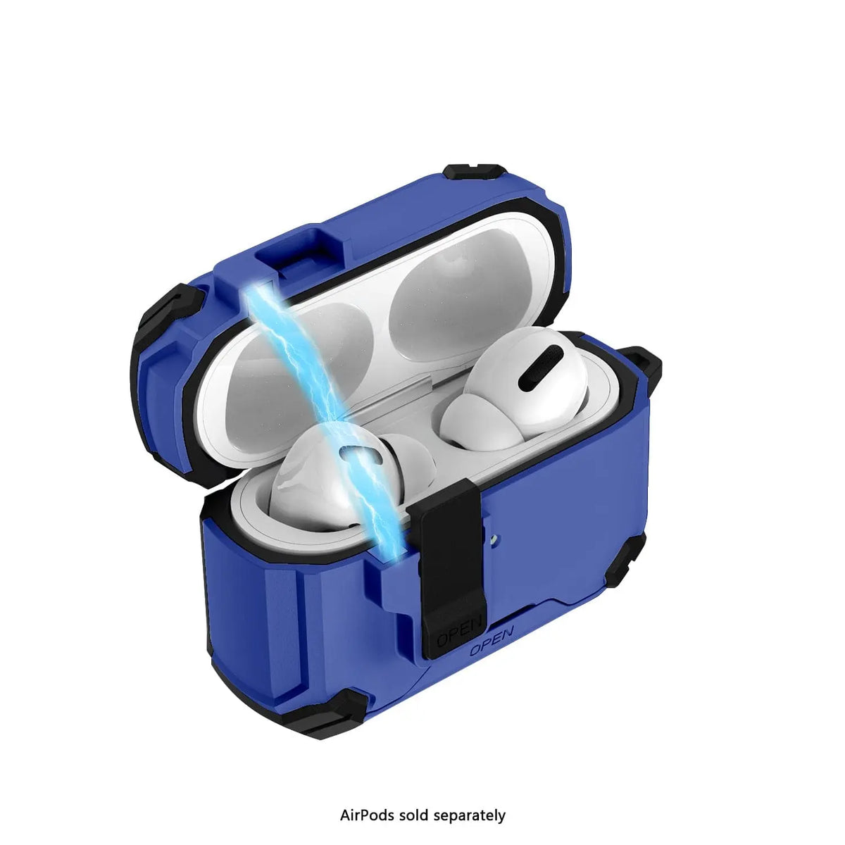 Blue, heavy-duty AirPods Pro 3 case with a black secure locking mechanism and protective, rugged design.