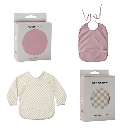 Babero con Manga impermeable Vichy Beige + Babero corto Nenina & Co