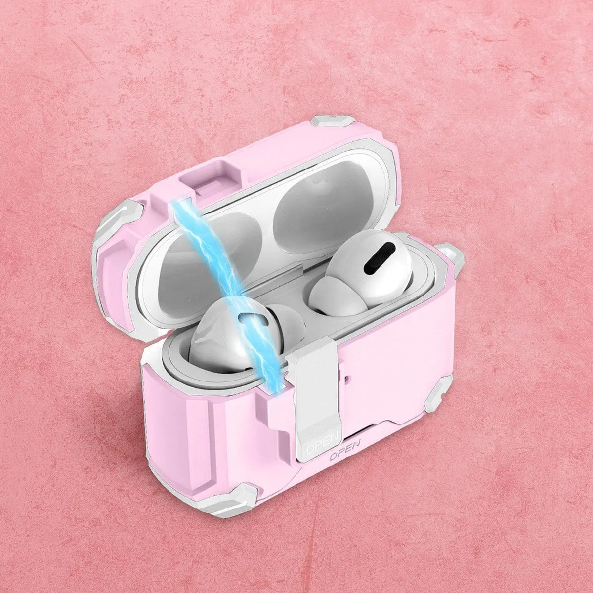 Heavy-duty, light pink AirPods Pro case with a secure locking latch mechanism on a textured pink background.