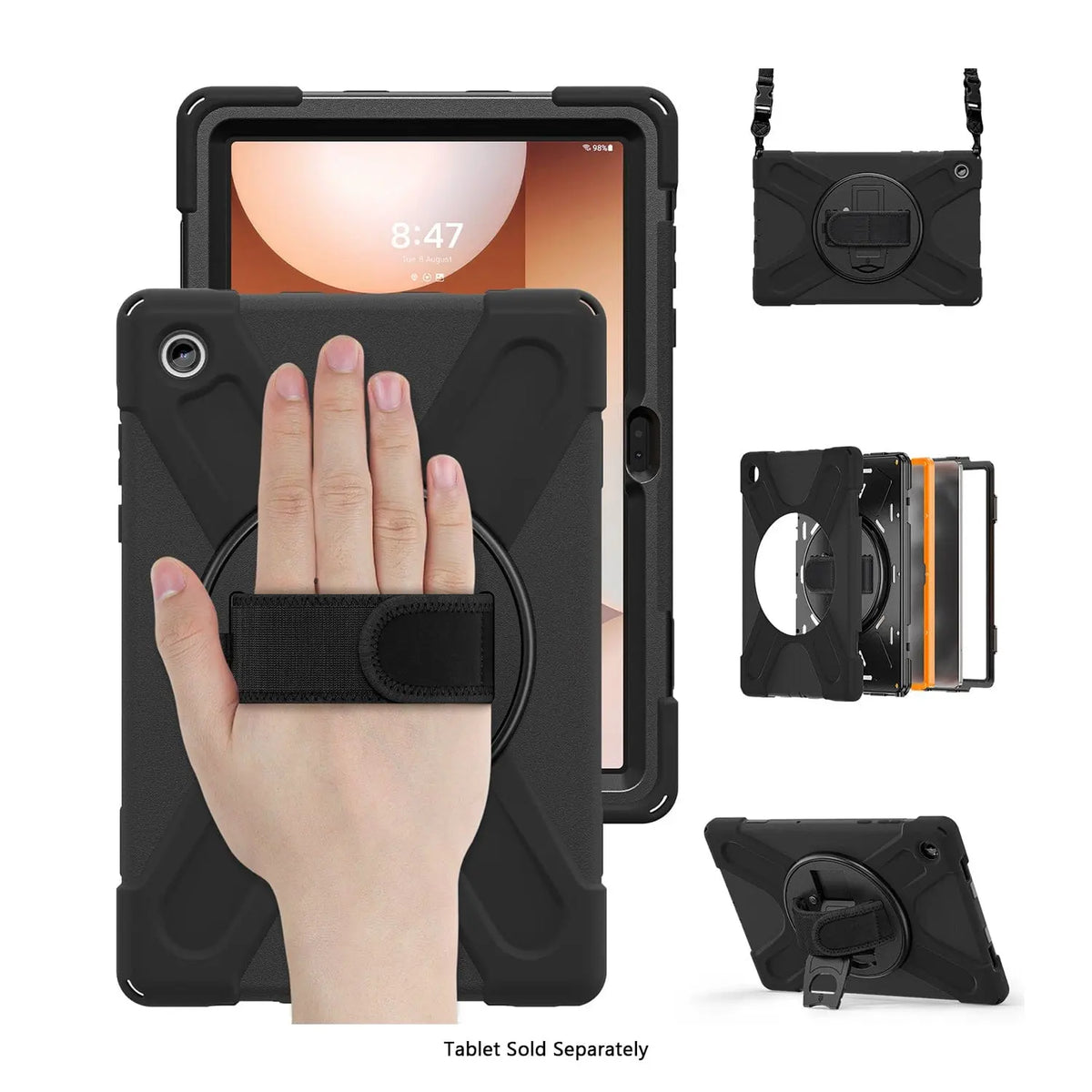 Black heavy-duty tablet case for Galaxy Tab A9+ with hand strap, rotating stand, and adjustable shoulder strap.