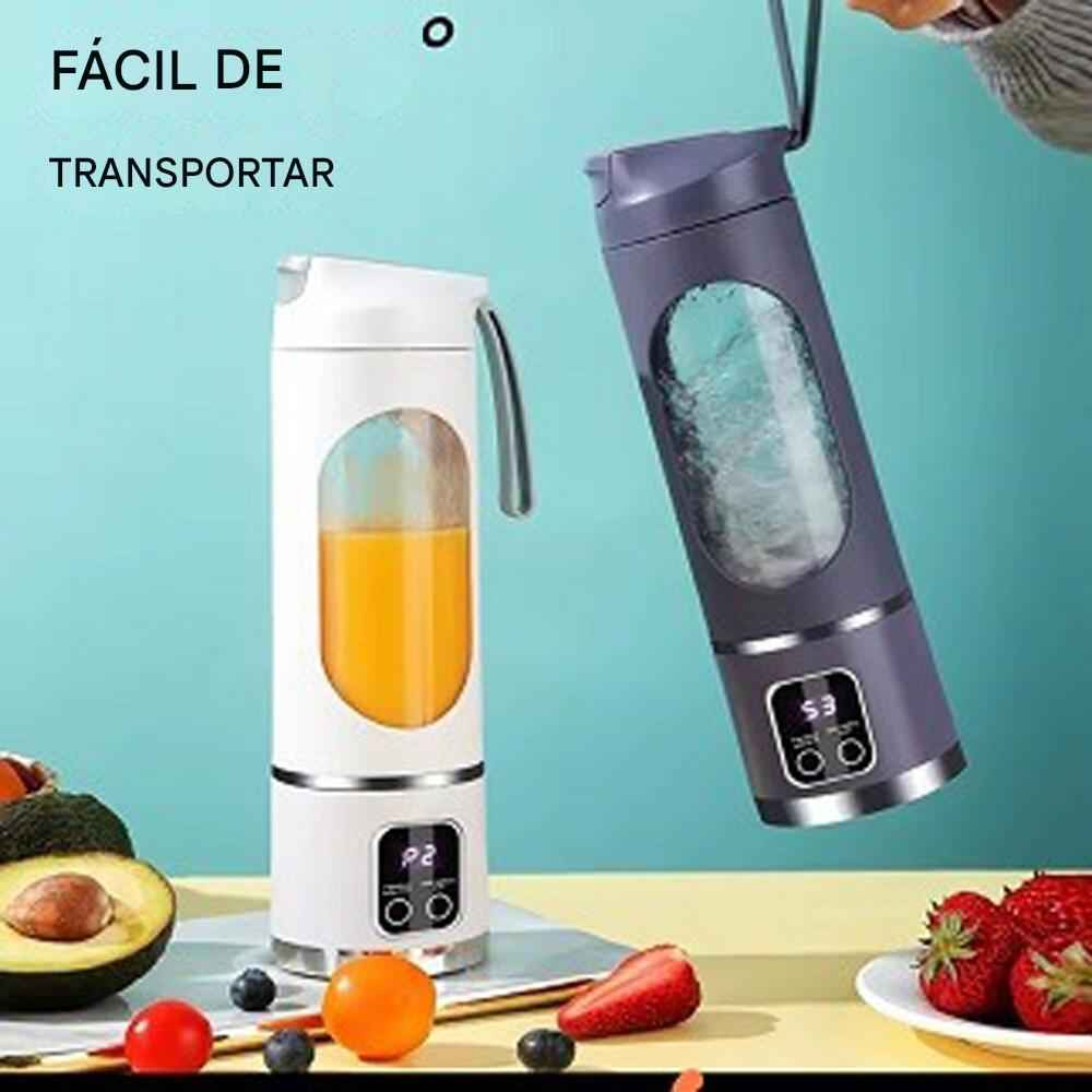 Compact portable blender in white and gray, featuring a transparent window and digital display, perfect for smoothies.