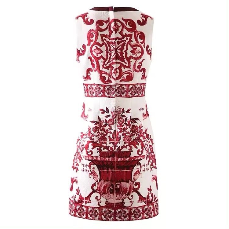 Red and white floral printed mini dress, sleeveless, intricate baroque design, perfect for summer outings.