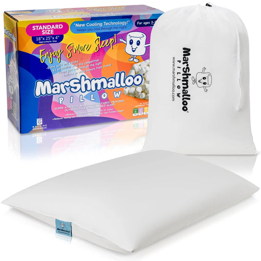 A white rectangular pillow, a matching drawstring storage bag, and a colorful product box with branding.