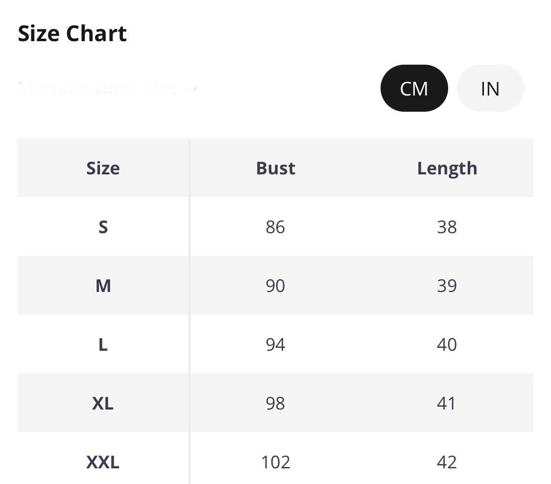 Size chart for clothing with bust and length measurements in cm and inches, featuring sizes S to XXL.