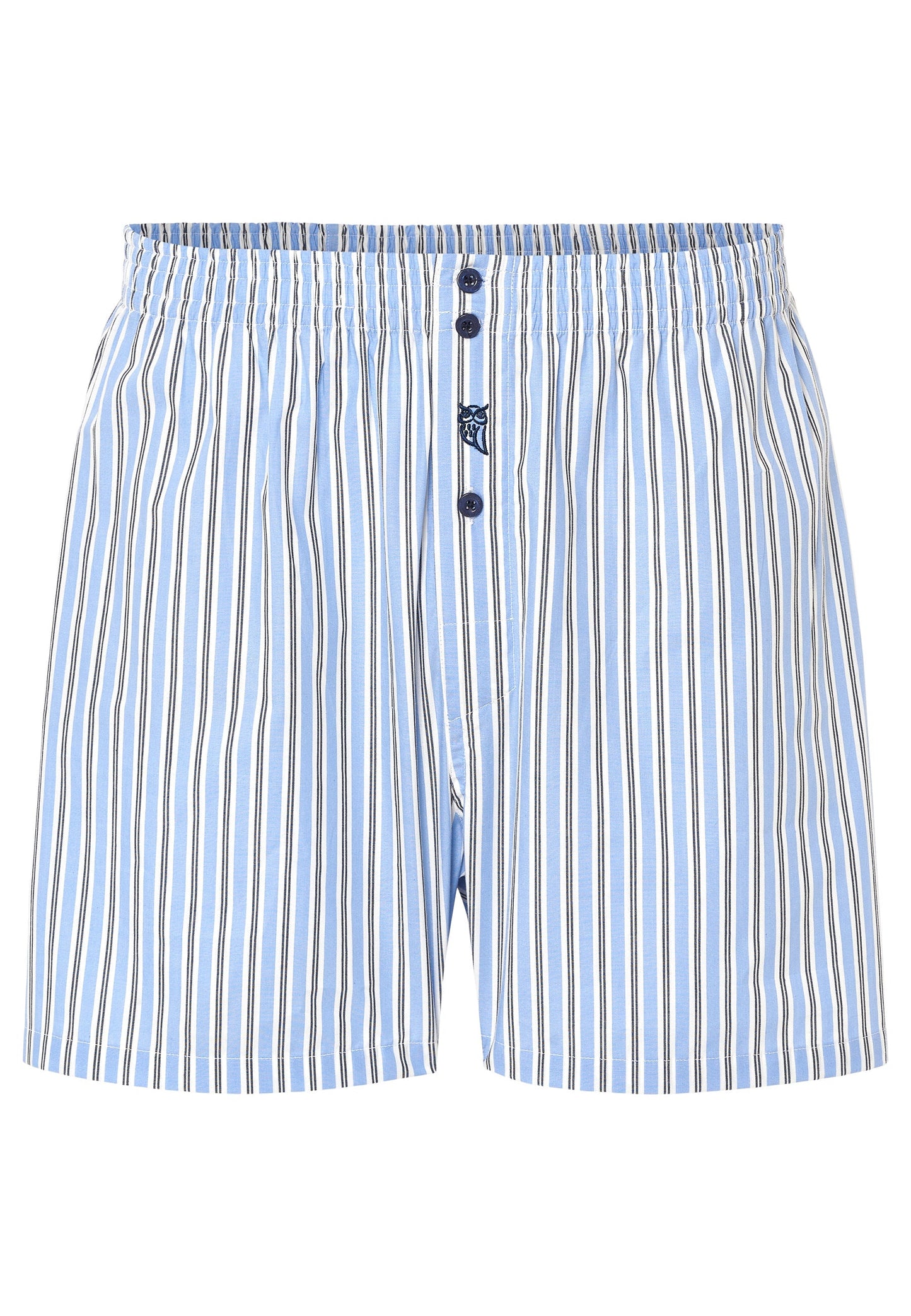 Boxer de hombre azul con rayas blancas y marrones, 100% algodón, estilo clásico con botones.
