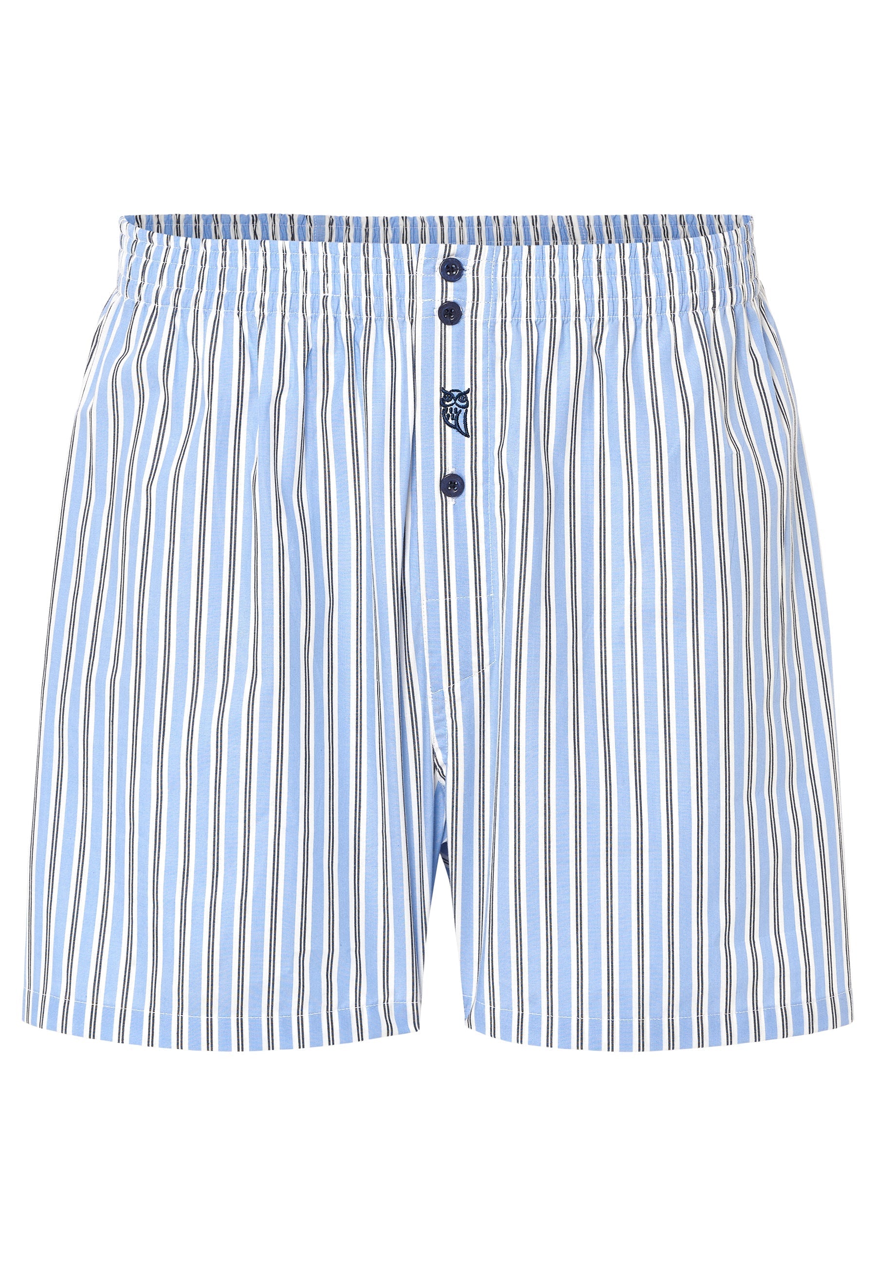 Boxer de hombre azul con rayas blancas y marrones, 100% algodón, estilo clásico con botones.