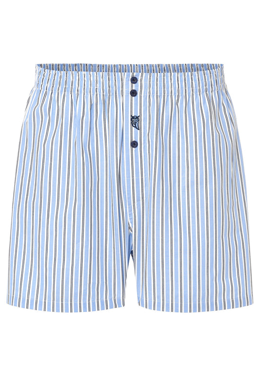 Boxer de hombre azul con rayas blancas y marrones, 100% algodón, estilo clásico con botones.