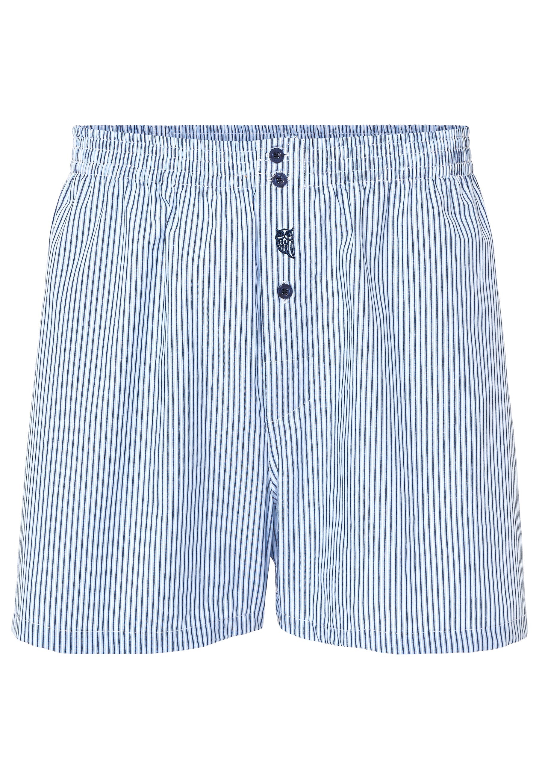 Pantalones cortos de algodón azul a rayas con botón, elegantes y cómodos para el hogar.