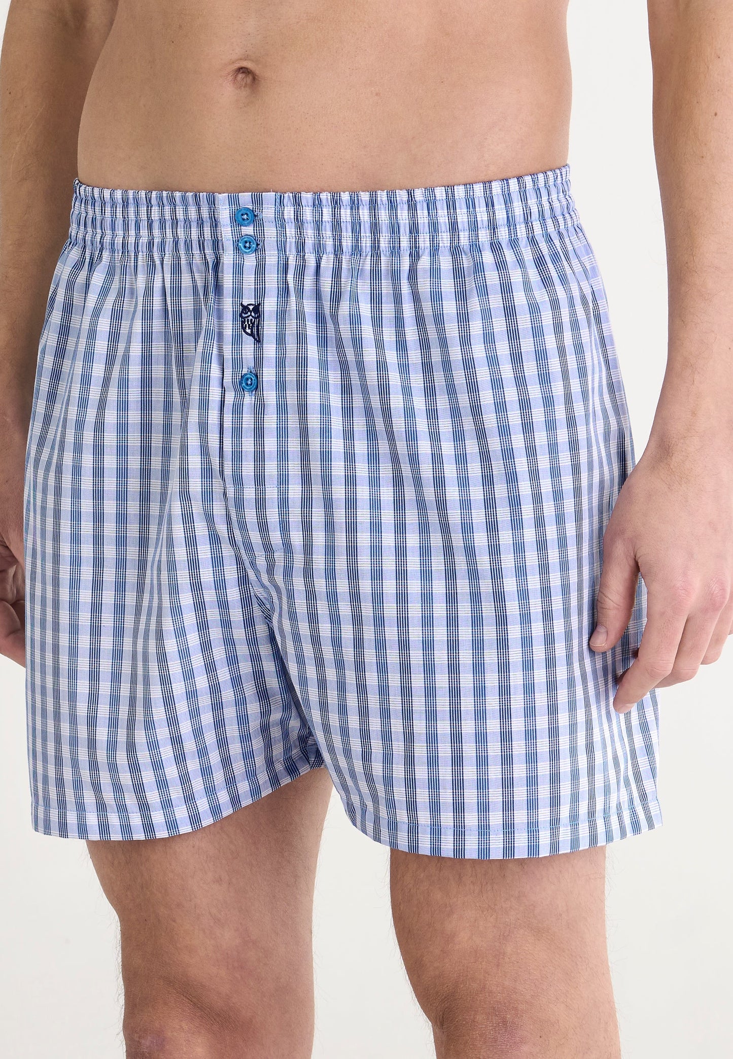 Boxers de hombre de cuadros en azul y blanco, 100% algodón, estilo clásico con botones frontales.