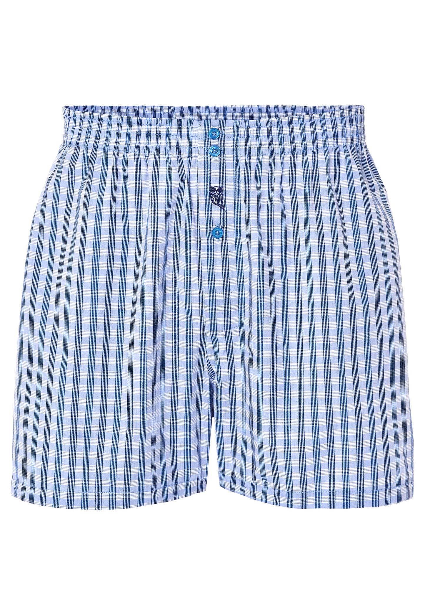 Boxers de cuadros azules y blancos, algodón suave, estilo clásico con cierre de botón. Ideal para comodidad diaria.