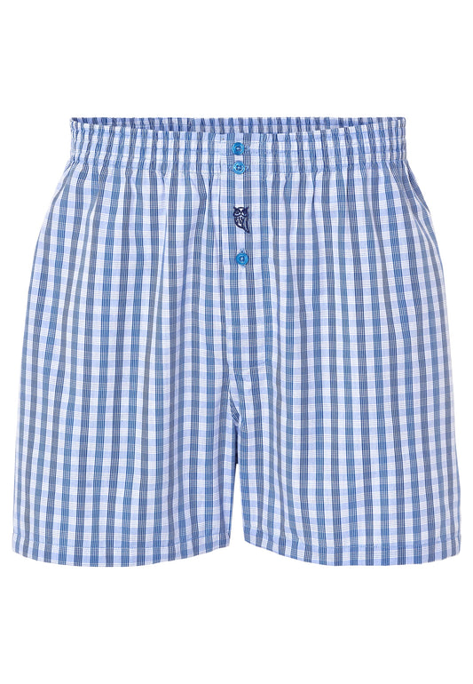 Boxers de cuadros azules y blancos, algodón suave, estilo clásico con cierre de botón. Ideal para comodidad diaria.