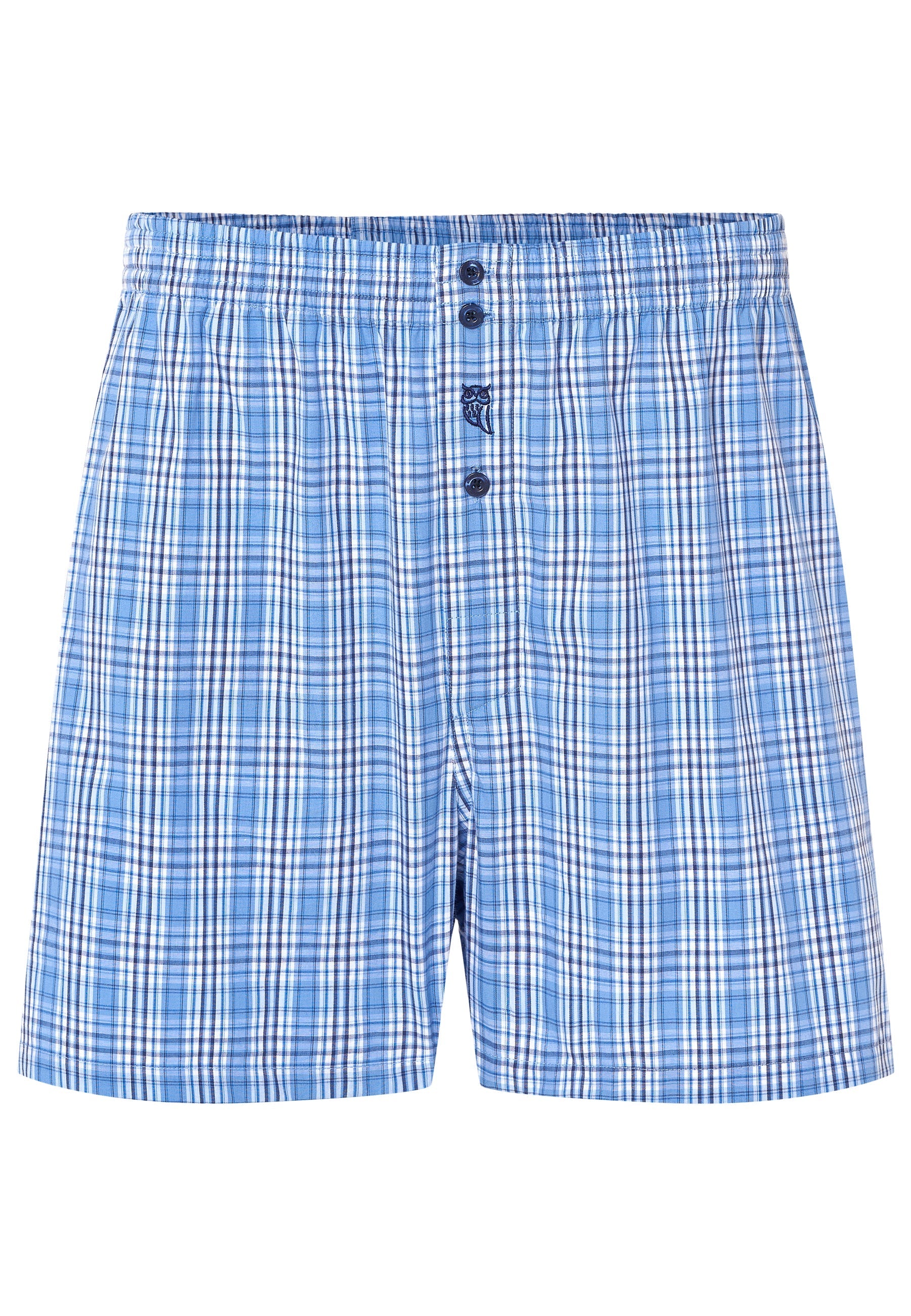 Boxers de hombre con cuadro azul claro y blanco, 100% algodón, estilo clásico con botones frontales.