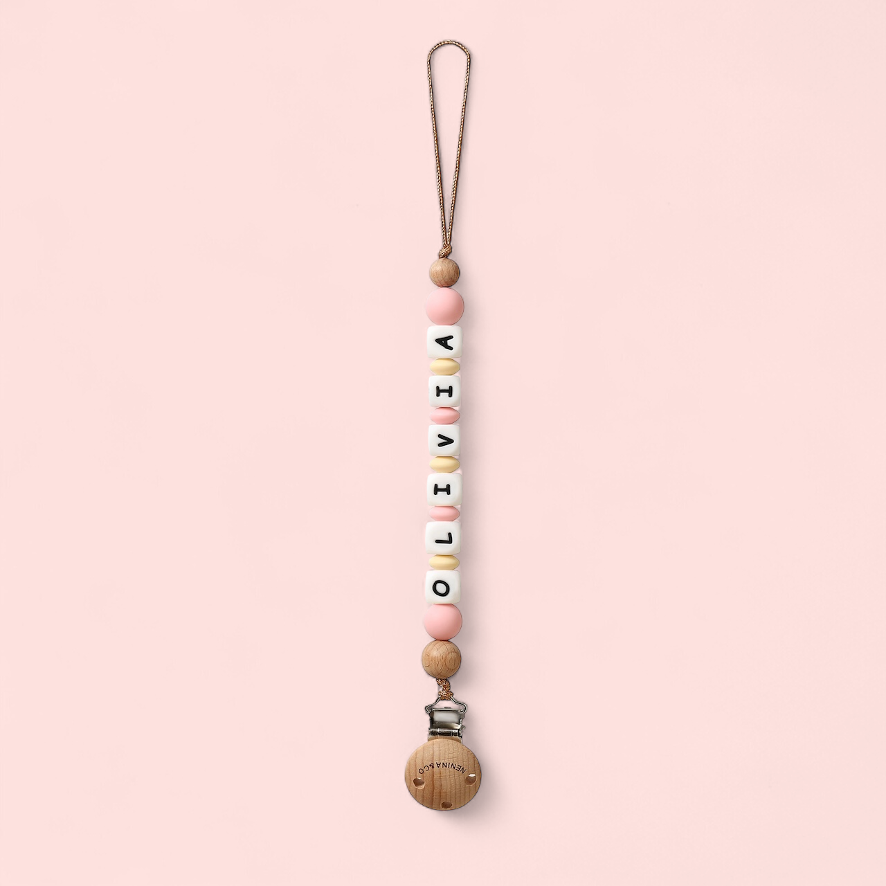 Chupetero Personalizado Rosa pálido con Nombre en Silicona Orgánica | Nenina & Co.