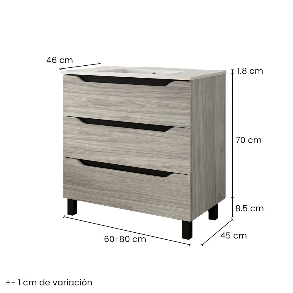 BATHME TRIO Mueble de Baño con Lavabo 3 Cajones Color Roble Estela