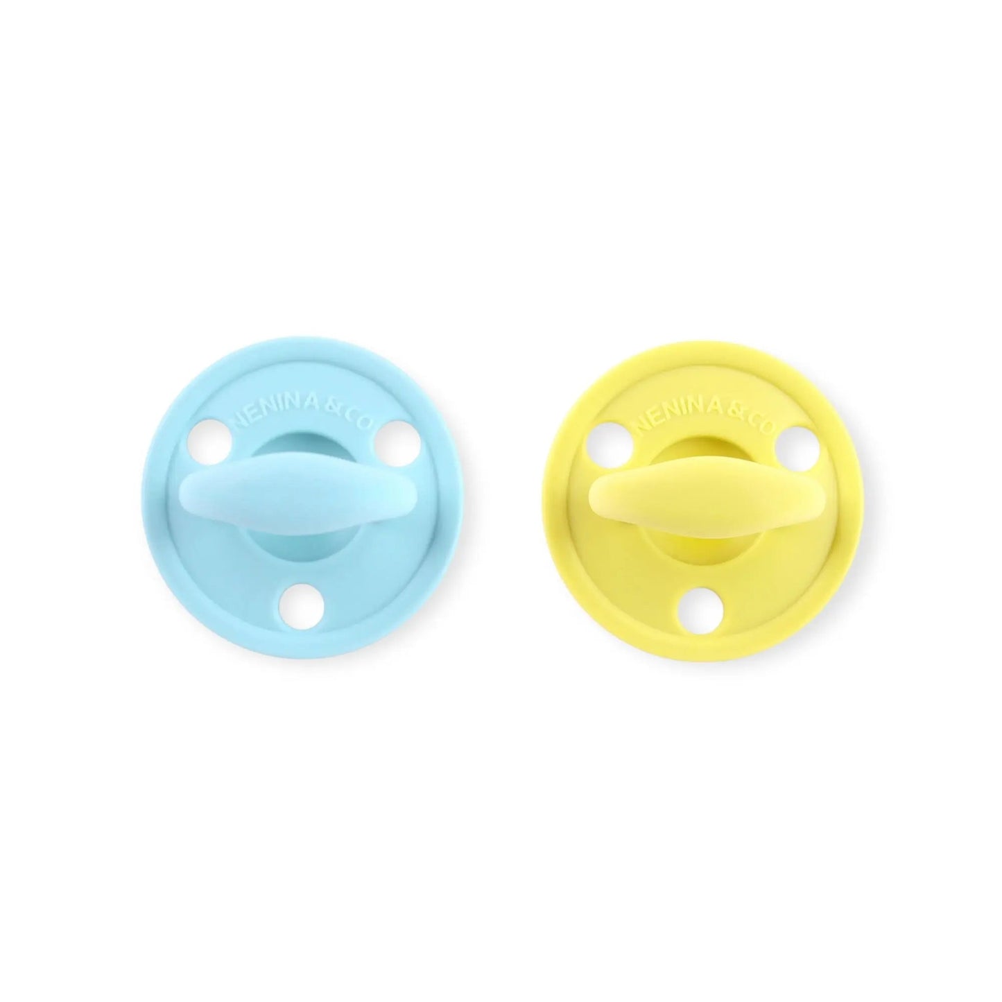 Kit 2 Chupetes Clásicos para Bebé Celeste y Amarillo | Silicona Orgánica Nenina & Co