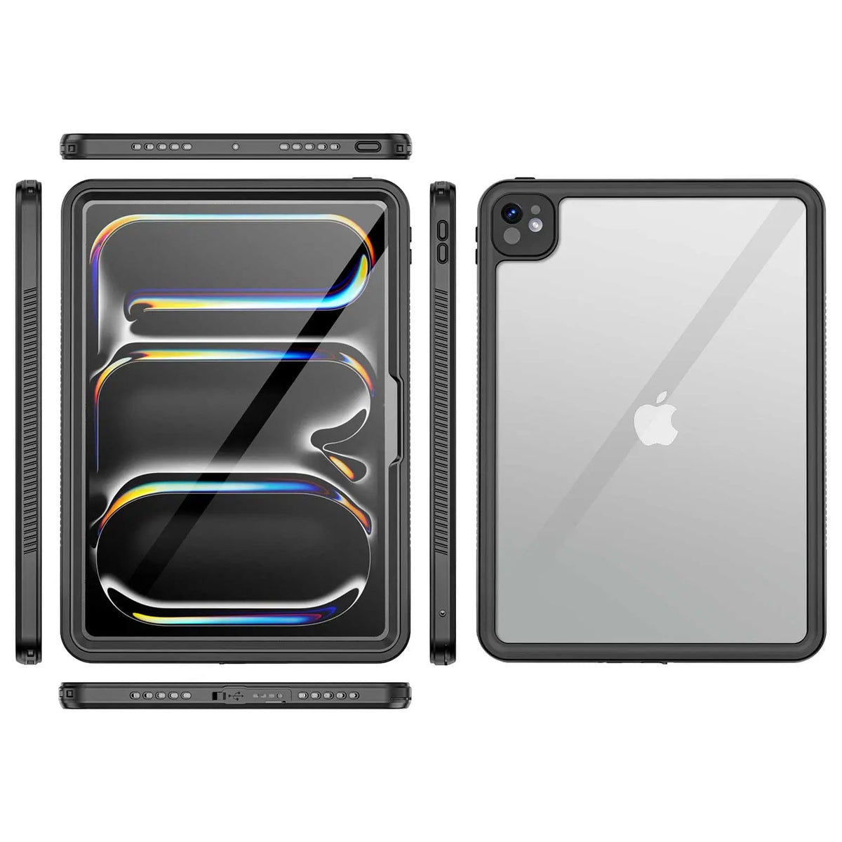 Black waterproof 13-inch iPad Pro case with a clear back and integrated screen protector, shown from multiple angles.