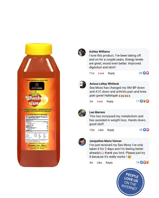 A 12oz bottle of strawberry lemon sea moss drink next to positive customer reviews on social media.