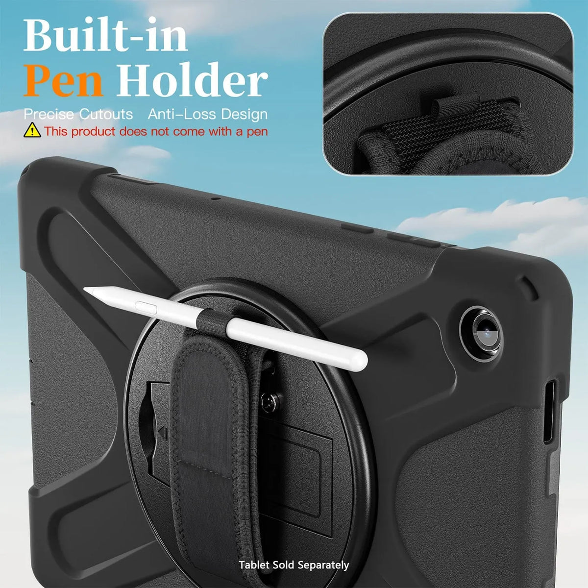 Black heavy-duty tablet case with a rotating hand strap, integrated pen holder, and precise camera cutouts.