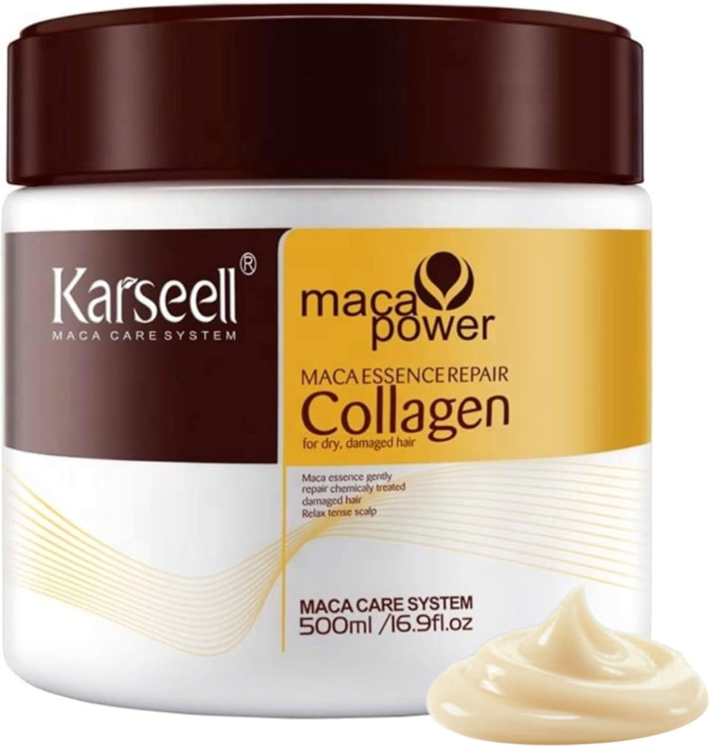 Tarro de 500ml de mascarilla capilar de colágeno con tapa marrón, etiqueta blanca y dorada, junto a una muestra de crema.