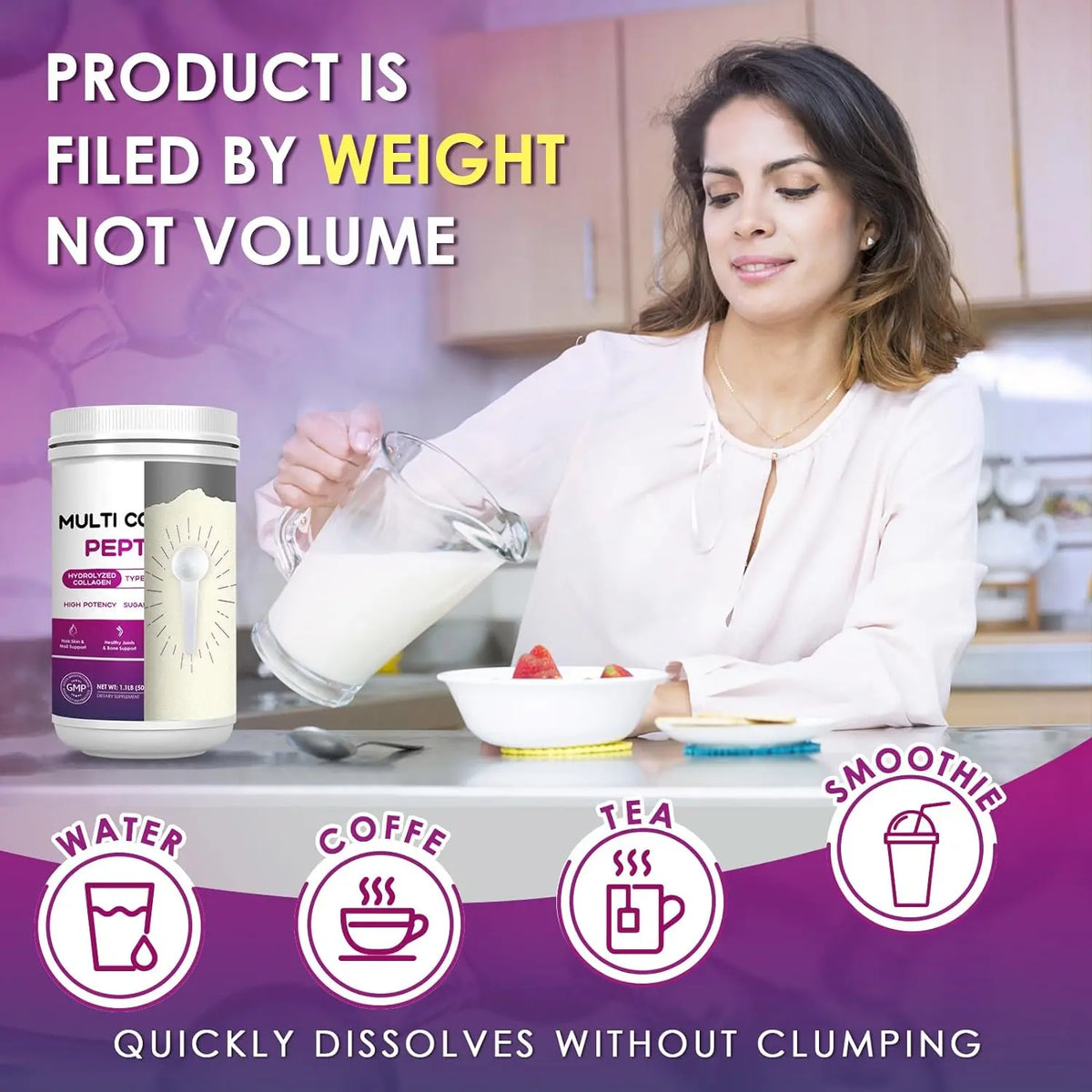 A woman pouring milk into a bowl near a jar of Multi Collagen Peptides powder, showing mixable beverage icons.