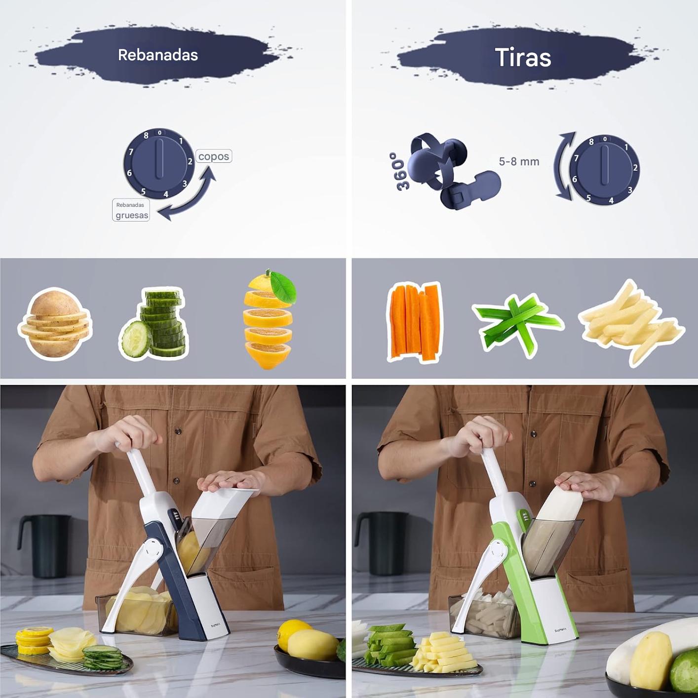 Mandolina multifunción ajustable para cortar verduras en rodajas o tiras, con diseño ergonómico y selector de grosor.
