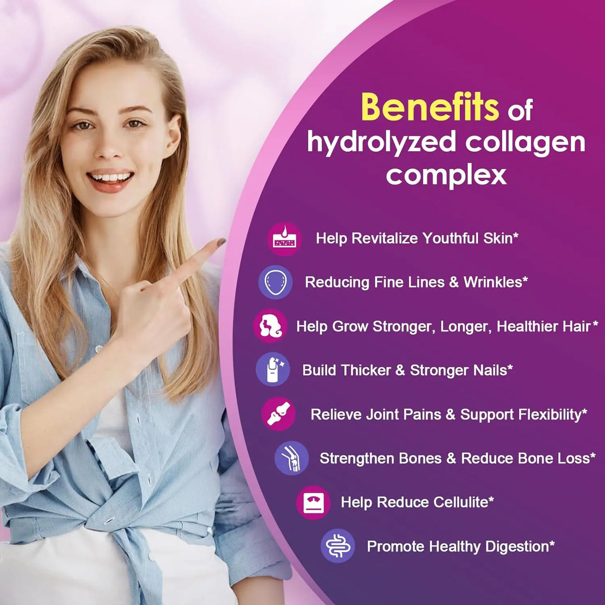 Smiling woman pointing to a purple list of hydrolyzed collagen benefits for skin, hair, nails, joints, and digestion.