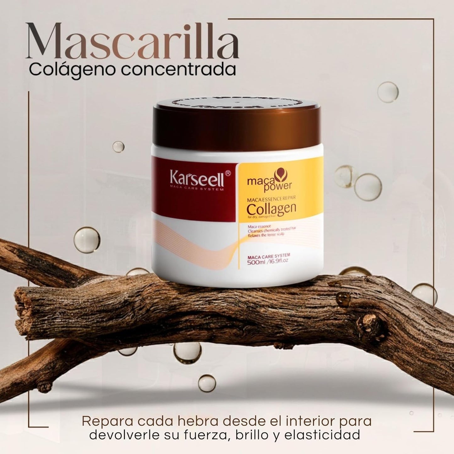 Mascarilla capilar de colágeno 500ml en frasco blanco con tapa marrón sobre una rama, con burbujas y fondo beige.