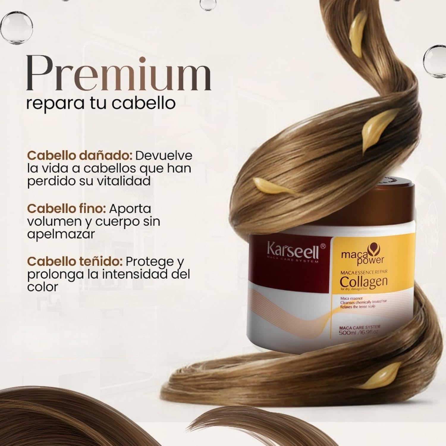 Tarro de mascarilla capilar con colágeno rodeado de cabello brillante y gotas de tratamiento sobre fondo color crema.