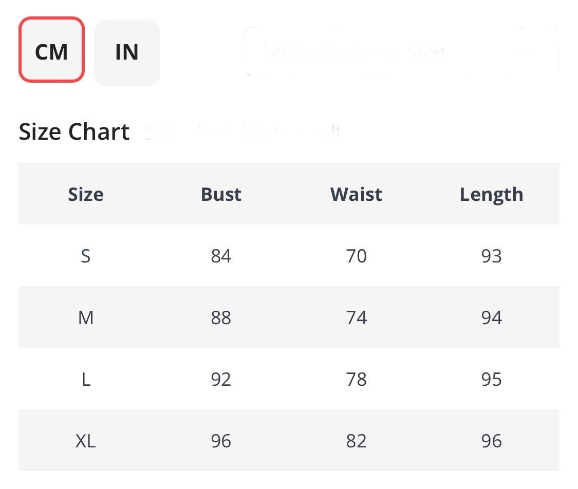 Size chart for women's clothing, featuring bust, waist, and length measurements in centimeters for S, M, L, and XL sizes.