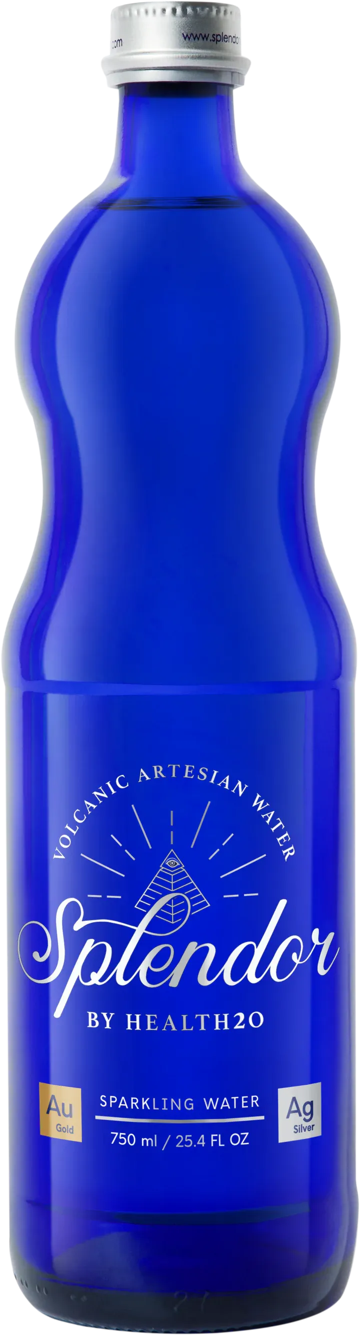 A 750ml cobalt blue glass bottle of Splendor sparkling water with a silver screw cap and white label details.