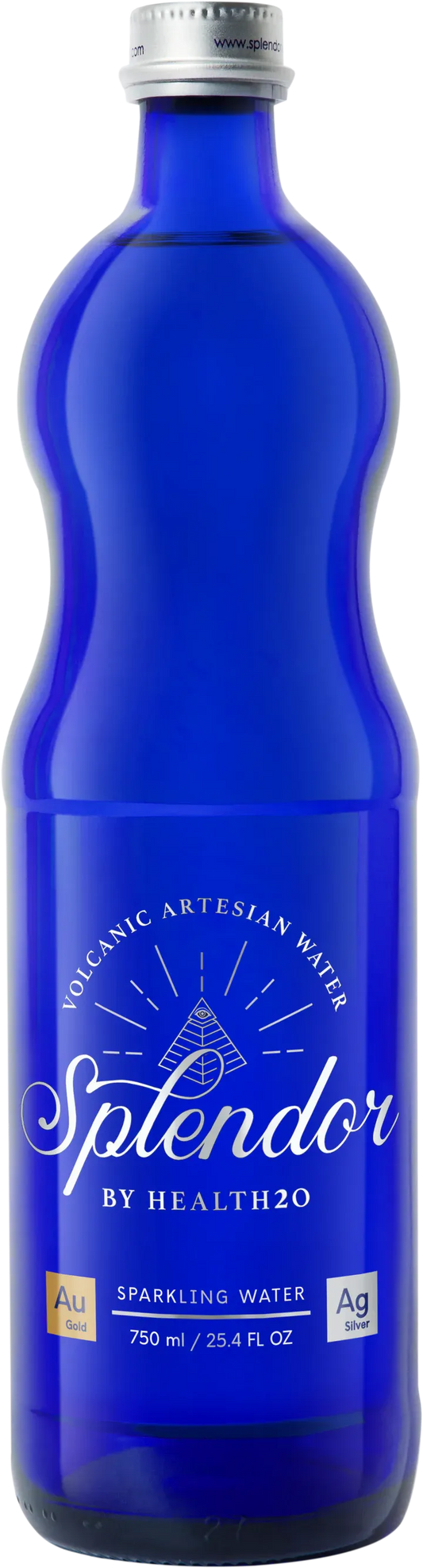 A 750ml cobalt blue glass bottle of Splendor sparkling water with a silver screw cap and white label details.