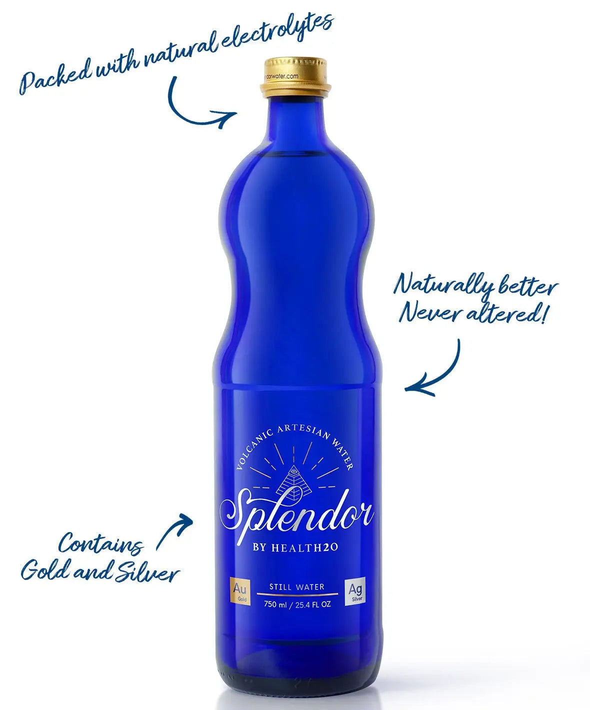 750ml cobalt blue glass bottle with gold cap, featuring "Splendor" label and handwritten marketing text.
