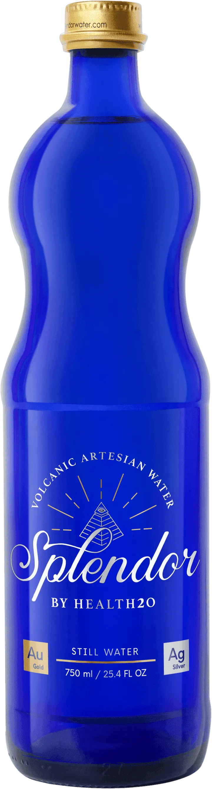 A blue glass bottle of Splendor volcanic artesian water with a gold cap and white label details, 750ml capacity.