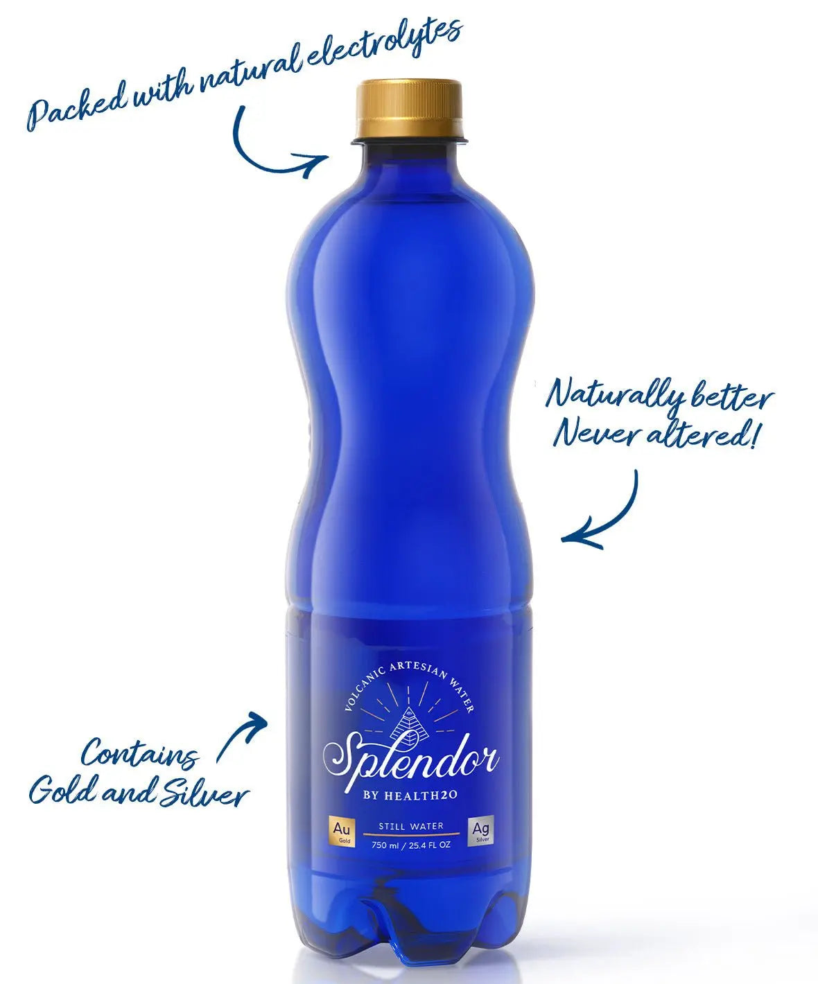 750ml blue plastic bottle of Splendor volcanic water with a gold cap and labeling highlighting gold and silver content.