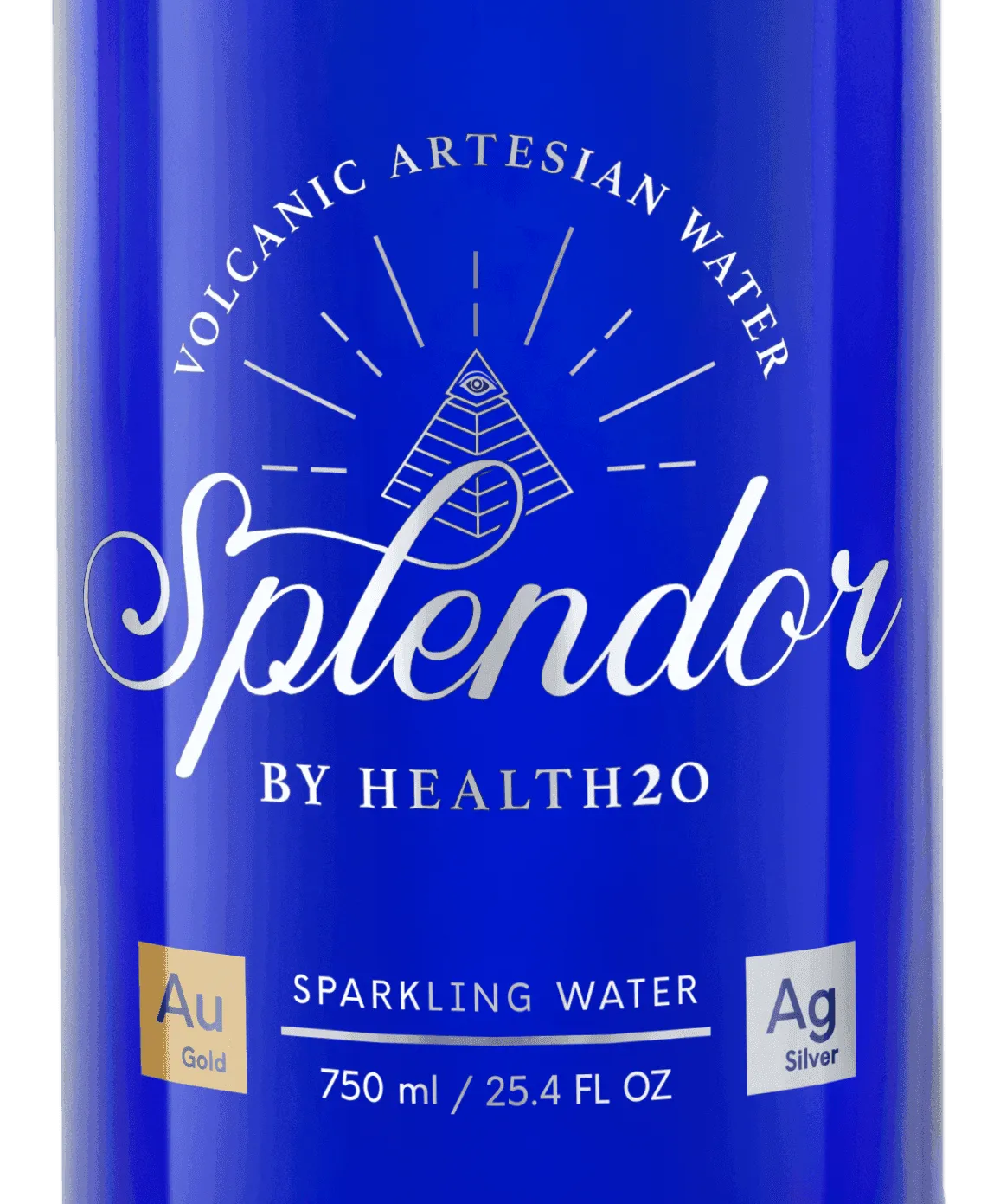 Bright blue glass bottle label with white "Splendor" logo, pyramid graphic, and gold/silver elemental symbol icons.