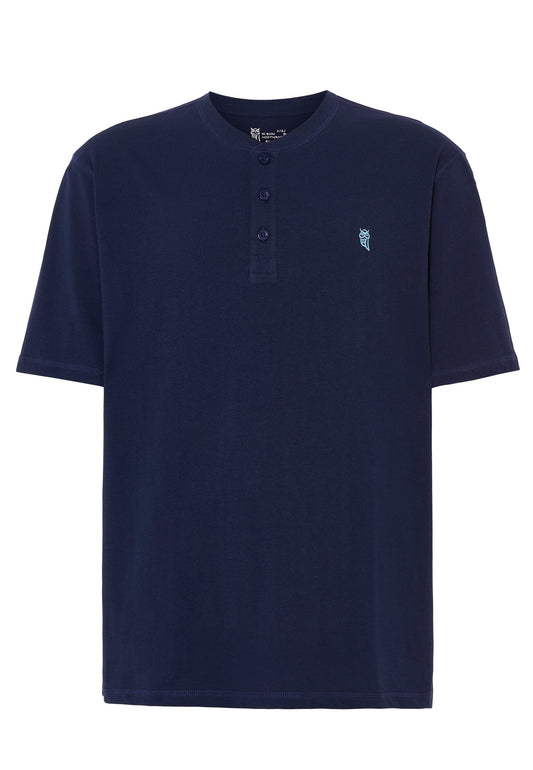 Camiseta de algodón azul marino con botones, estilo casual y logo bordado en el pecho.