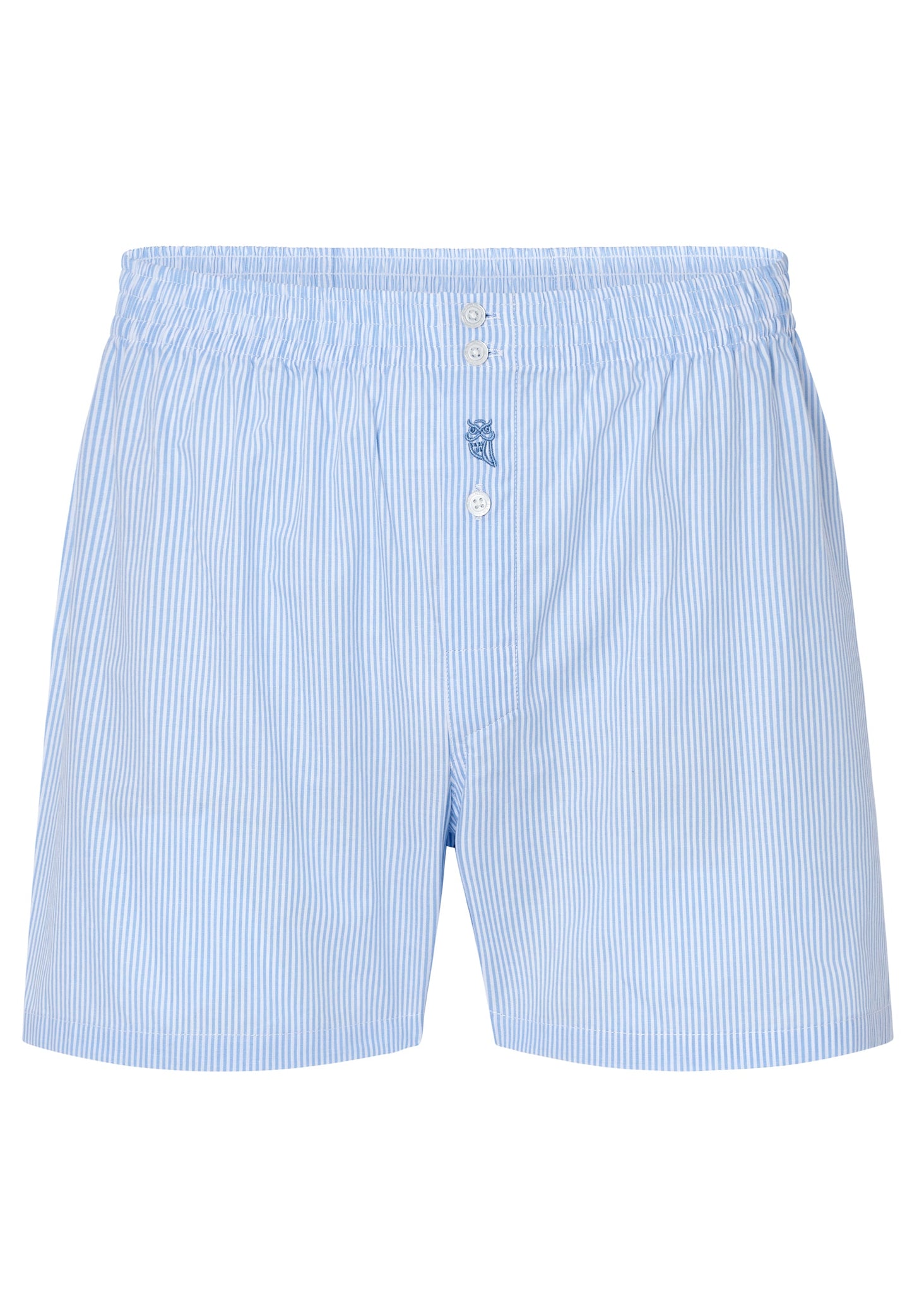 Boxers de algodón a rayas en azul claro y blanco, estilo clásico con botones frontales.