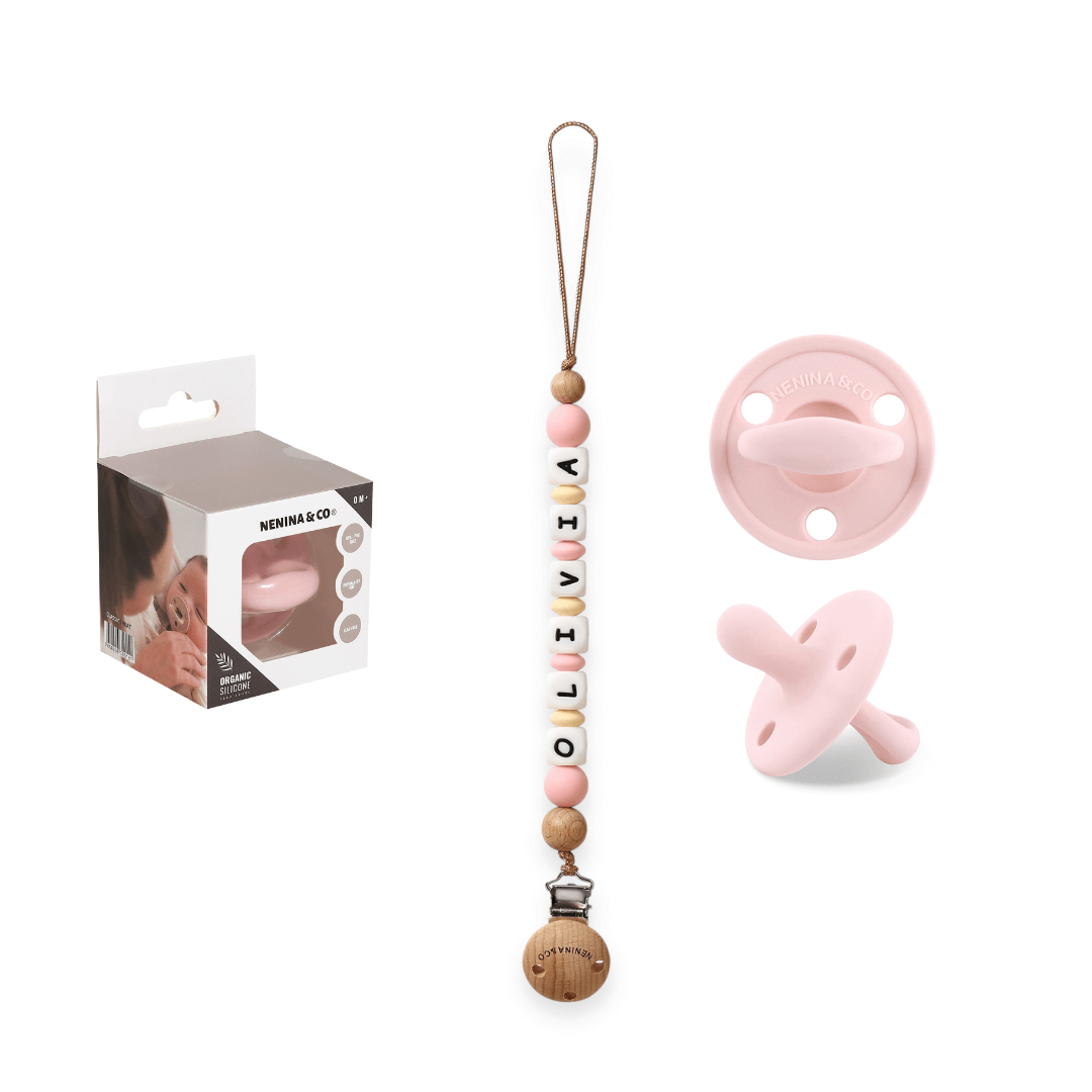 Kit Chupete Clásico Rosa pálido de Silicona + Chupetero con Nombre | Nenina & Co.