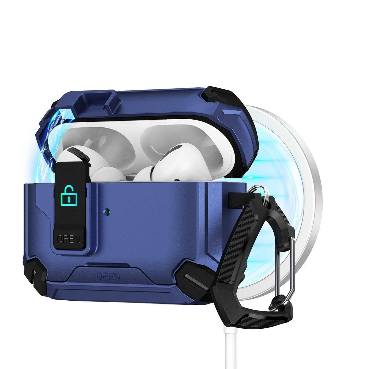 Blue heavy-duty AirPods Pro case with secure lock, carabiner, and MagSafe wireless charging compatibility.
